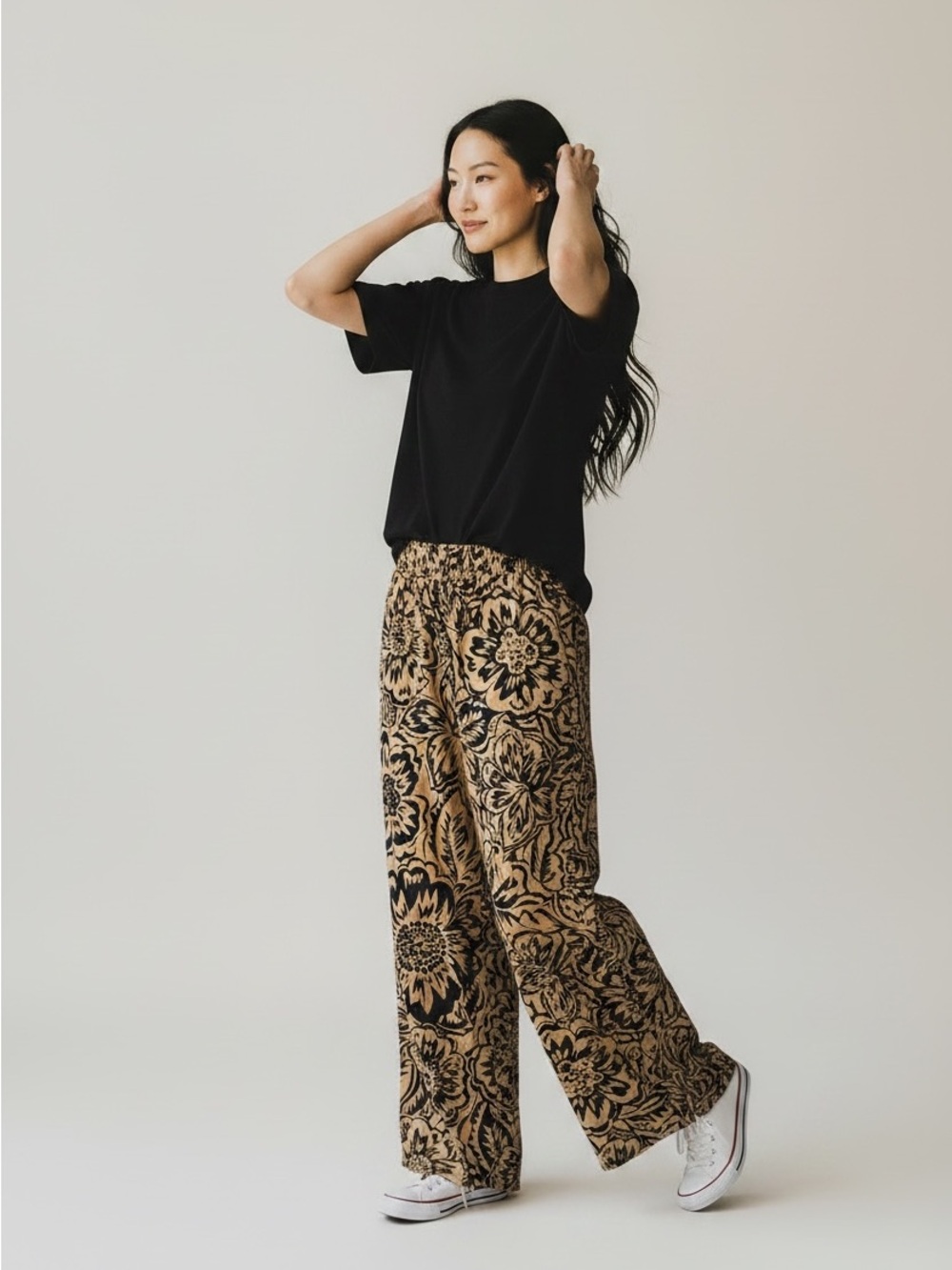 RACHEL Rachel Roy Black & Tan Floral Wide-Leg Palazzo Pants